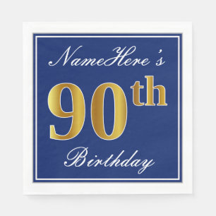 Elegant Blue, Faux Gold 90th Birthday; Custom Name Napkin