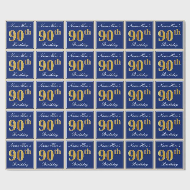 Elegant, Blue, Faux Gold 90th Birthday + Name Wrapping Paper (Flat)