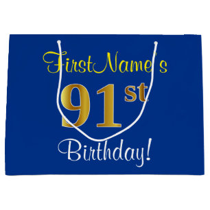Elegant, Blue, Faux Gold 91st Birthday + Name Large Gift Bag