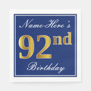 Elegant Blue, Faux Gold 92nd Birthday; Custom Name Napkin
