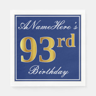 Elegant Blue, Faux Gold 93rd Birthday; Custom Name Napkin