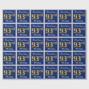 Elegant, Blue, Faux Gold 93rd Birthday + Name Wrapping Paper