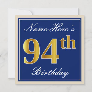 Elegant, Blue, Faux Gold 94th Birthday + Name Invitation