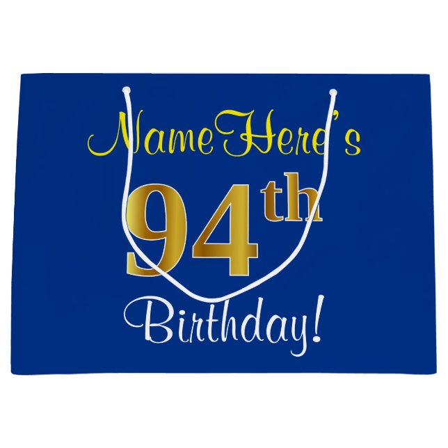 Elegant, Blue, Faux Gold 94th Birthday + Name Large Gift Bag (Front)