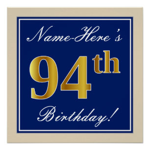Elegant, Blue, Faux Gold 94th Birthday + Name Poster