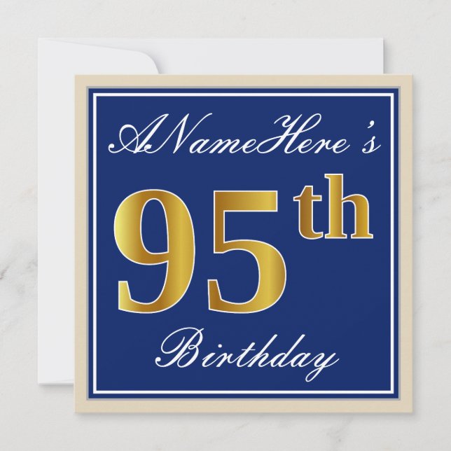 Elegant, Blue, Faux Gold 95th Birthday + Name Invitation (Front)
