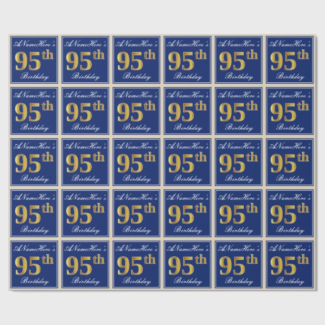 Elegant, Blue, Faux Gold 95th Birthday + Name Wrapping Paper (Flat)