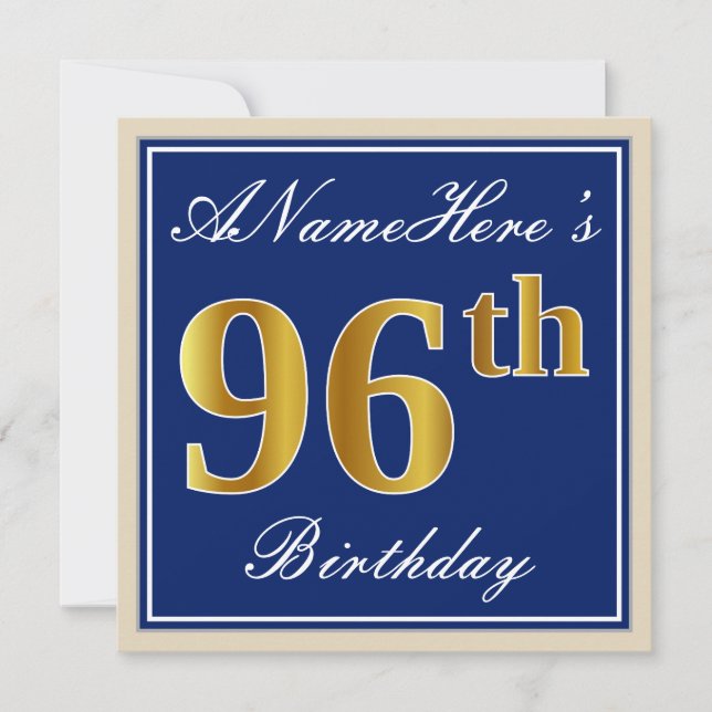 Elegant, Blue, Faux Gold 96th Birthday + Name Invitation (Front)