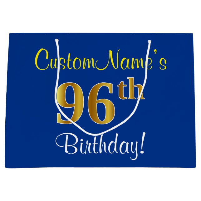 Elegant, Blue, Faux Gold 96th Birthday + Name Large Gift Bag (Front)