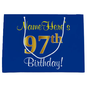 Elegant, Blue, Faux Gold 97th Birthday + Name Large Gift Bag