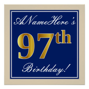 Elegant, Blue, Faux Gold 97th Birthday + Name Poster