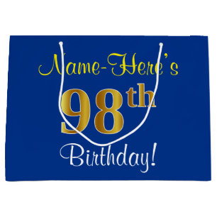 Elegant, Blue, Faux Gold 98th Birthday + Name Large Gift Bag