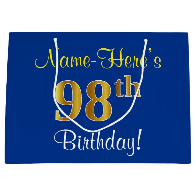 Elegant, Blue, Faux Gold 98th Birthday + Name Large Gift Bag (Front)