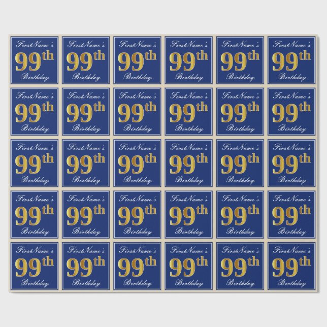 Elegant, Blue, Faux Gold 99th Birthday + Name Wrapping Paper (Flat)