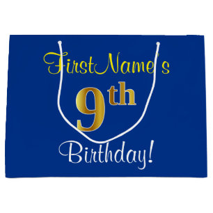 Elegant, Blue, Faux Gold 9th Birthday; Custom Name Large Gift Bag