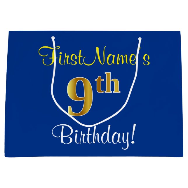 Elegant, Blue, Faux Gold 9th Birthday; Custom Name Large Gift Bag (Front)