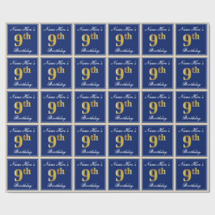Elegant, Blue, Faux Gold 9th Birthday; Custom Name Wrapping Paper