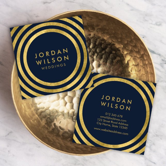 Elegant Blue Faux Gold Round Lines Geometric Square Business Card (Creator Uploaded)