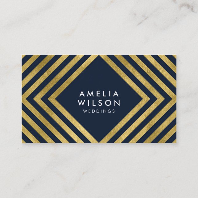 Elegant Blue Faux Gold Square Lines Business Card (Front)