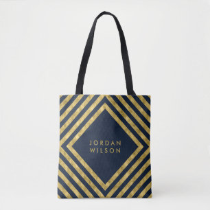 Elegant Blue Faux Gold Square Lines Geometric Tote Bag