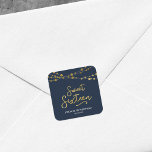 Elegant Blue Faux Gold Strings of Lights Sweet 16 Square Sticker<br><div class="desc">This elegant sweet 16 square sticker feature strings of lights and the word "Sweet Sixteen" in faux gold against a dark blue background. Check out other matching items here https://www.zazzle.com/collections/strings_of_lights_faux_gold_celebration_collection-119311942951401241?rf=238364477188679314 Personalize it with your details by replacing the placeholder text. For more options click the "Customize it" button. *Please note that...</div>