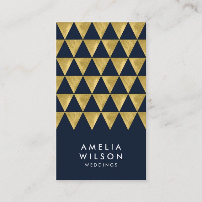 Elegant Blue Faux Gold Triangle Modern Vertical Business Card (Front)
