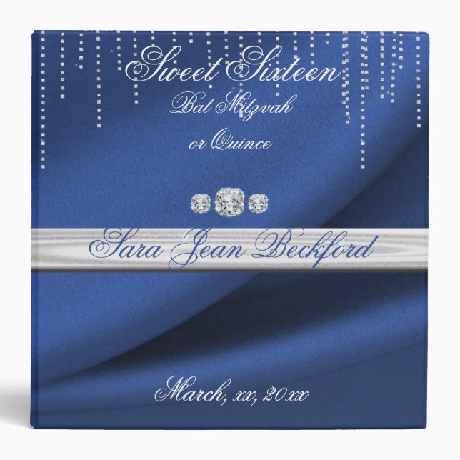 Elegant Blue, Faux Satin, Diamonds, Custom Binder (Front)