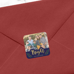 Elegant Blue Festive Foliage Bright Holiday Photo Square Sticker