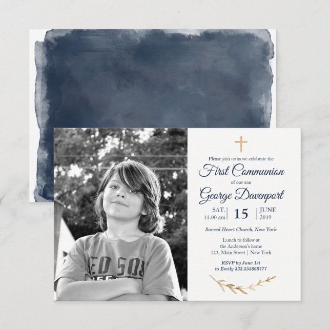 Elegant Blue First Communion custom photo Invitation (Front/Back)