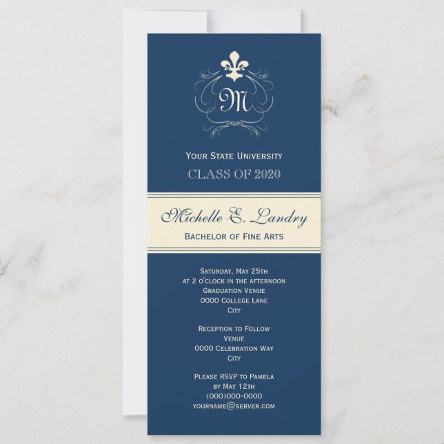 Elegant Blue Fleur de Lis Formal Graduation Invitation (Front)