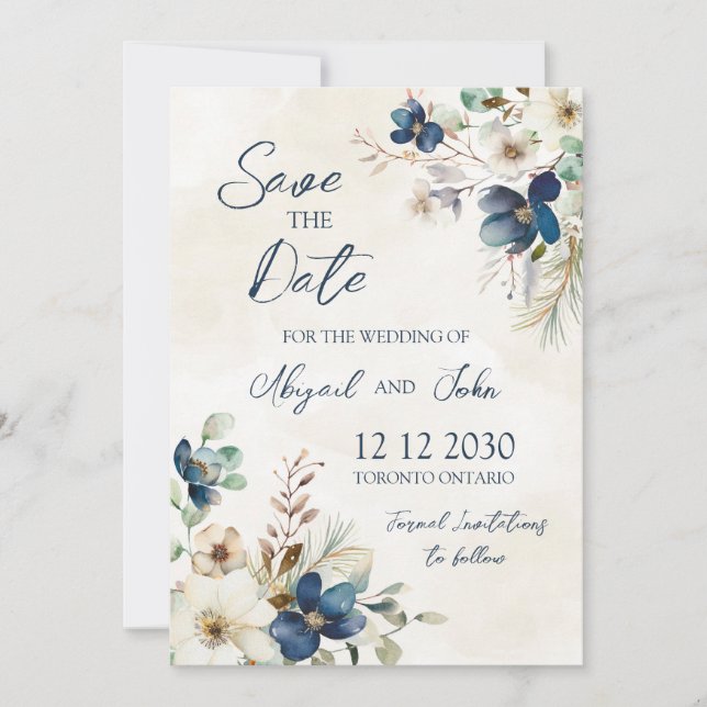 Elegant Blue Flora Winter Save the Date Card (Front)