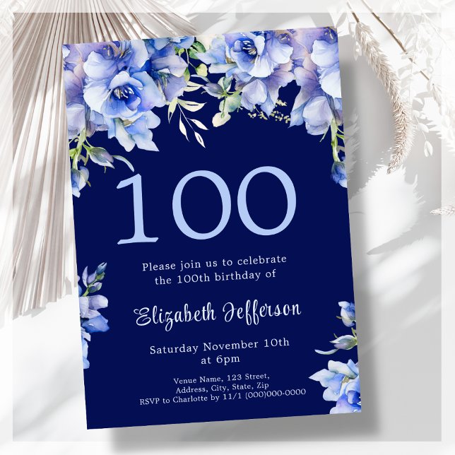 Elegant Blue Floral 100th Birthday Invitation (Creator Uploaded)
