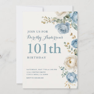 Elegant Blue Floral 101th BIrthday Party Invitation