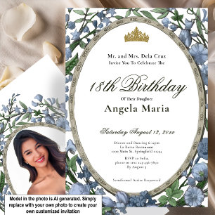 Elegant Blue Floral 18th Birthday Debut Invitation