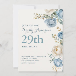 Elegant Blue Floral 29th BIrthday Party Invitation