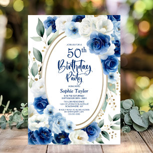 Elegant Blue Floral 50th Birthday Party Invitation