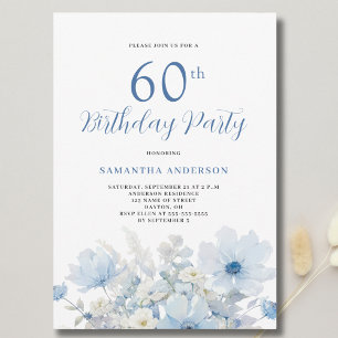 Elegant Blue Floral 60th Birthday Party Invitation