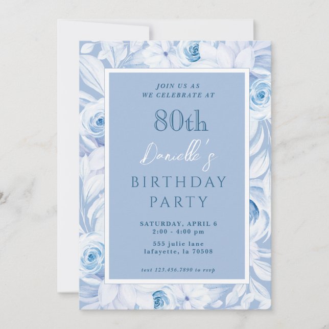 Elegant Blue Floral 80th Birthday Invitations (Front)