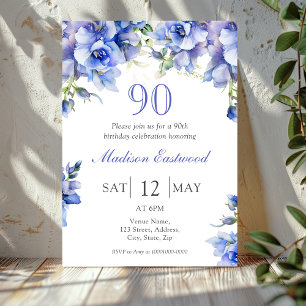 Elegant Blue Floral 90th Birthday Invitation