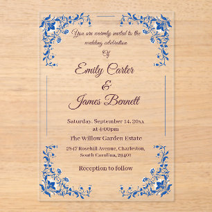 Elegant Blue Floral Acrylic Wedding Invitation 