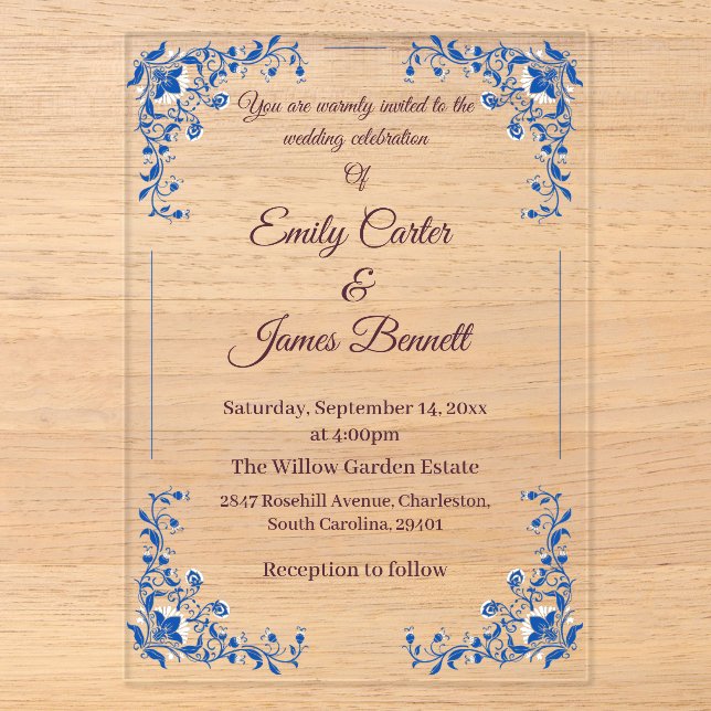Elegant Blue Floral Acrylic Wedding Invitation  (Front)