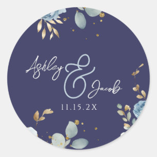 Elegant Blue Floral Ampersand Wedding  Classic Round Sticker