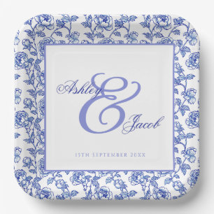 Elegant Blue Floral Ampersand Wedding Invitation Paper Plate