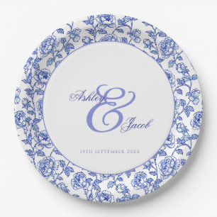 Elegant Blue Floral Ampersand Wedding  Paper Plate