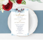 Elegant Blue Floral and Watercolor Wedding Program<br><div class="desc">Elegant Wedding program with delicate blue watercolor stain background and top exquisite floral element with flowers and foliage in dusty blue, navy, burgundy, purple, magenta and red hues. Gold details in modern hand written calligraphy. Ability to make text changes and adjustments by selecting customize further. Front with wedding ceremony details,...</div>