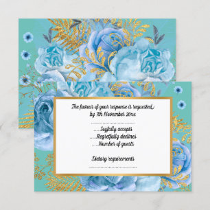 ELEGANT BLUE FLORAL AQUA GOLD ALL OCCASION RSVP CARD