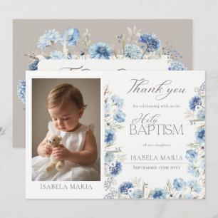 Elegant Blue Floral Baby Girl Baptism Photo Thank You Card