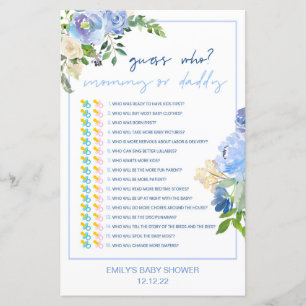 Elegant Blue Floral Baby Shower Game Printed, Boy 