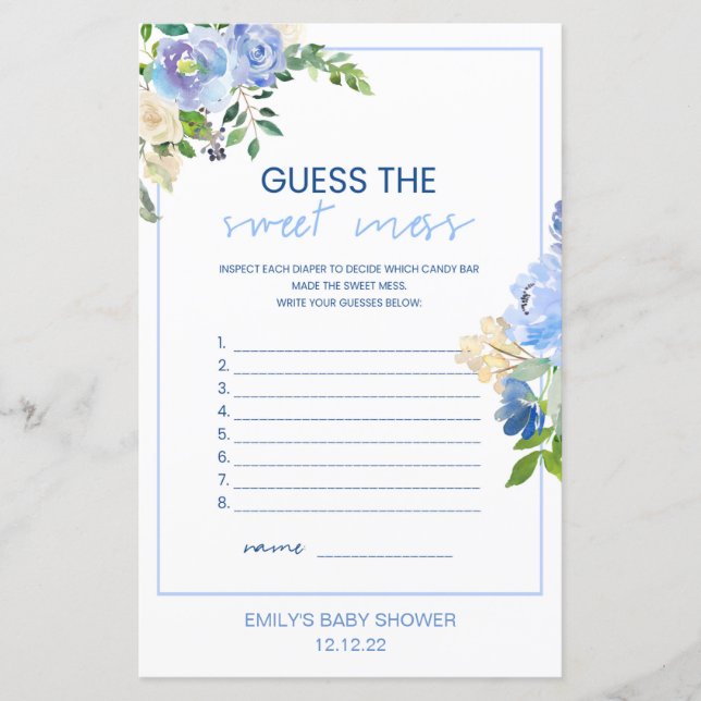 Elegant Blue Floral Baby Shower Game Printed, Boy  (Front)