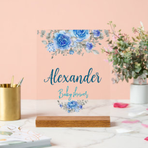 Elegant Blue Floral Baby Shower Welcome Acrylic  Sign